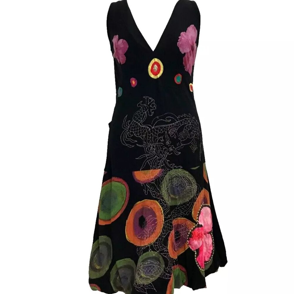 SOLD! DESIGUAL Swing Dress V-neck Floral Rio Flowers Dragons Print Embroidery M - Picture 12 of 13